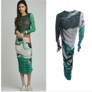 Martin Across Faron Dress Midi Ruched See-Through Long Sleeve Mesh Sheer Slim M